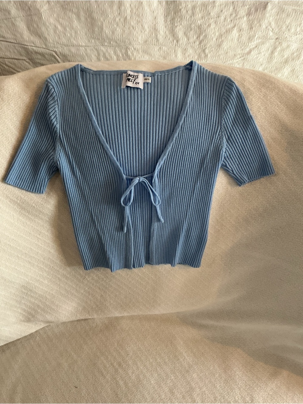 Princess Polly Light Blue Ribbed Tie-Front Crop Top